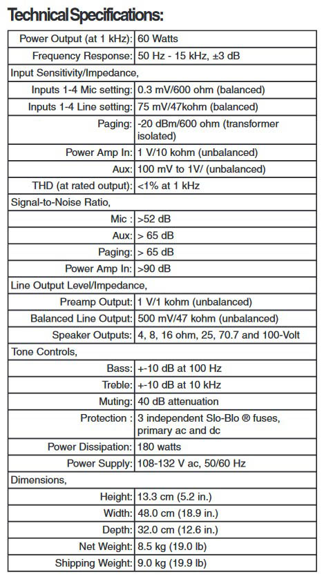 EV MA-606 Professional MixerAmplifier Specifications